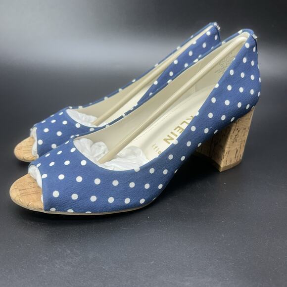 Anne Klein Shoes - New Anne Klein Womens 8.5M Blue White Polka Dot Peep-Toe Cork Block Heels Megan2